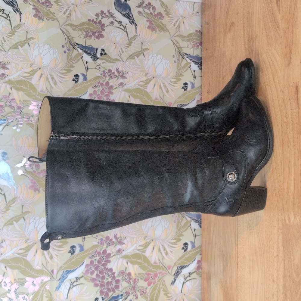Frye Leather Black Knee High Women's Western Strappy Boots Stacked Heel - Picture 3 of 15